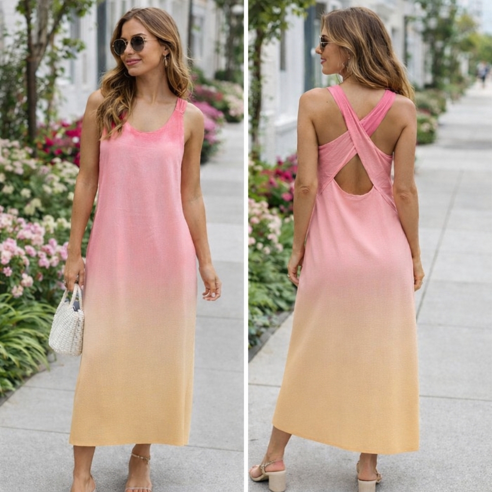 Zara Linen Viscose Blend Ombre Tie Dye Maxi Dress | Sleeveless Summer Dress